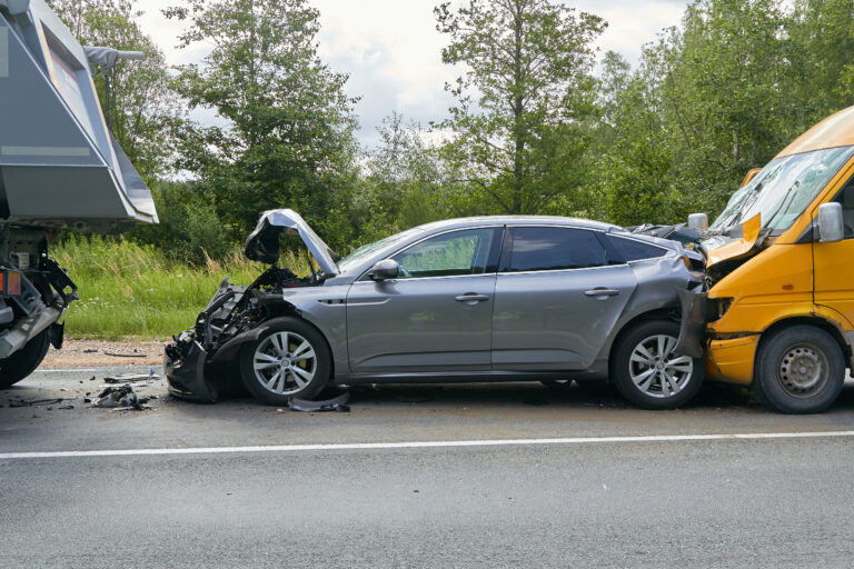 July 7,2020, Cena, Latvia, damaged cars on the highway at the scene of an accident because of non-observance of distance